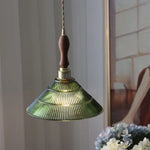 Walnut Wood LED Pendant Light Fixture with Adjustable Green Glass Shade