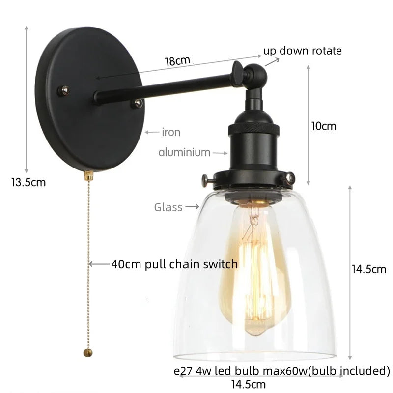 Vintage Single Arm LED Wall Lamp Iron Glass Retro Stair Light