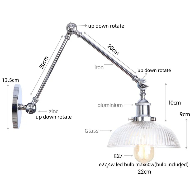 White Glass Swing Arm LED Wall Sconce for Industrial Loft, Coffee, Hallway