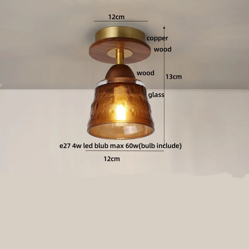 Afralia Wood Copper LED Ceiling Light Amber Glass Plafond Lamp
