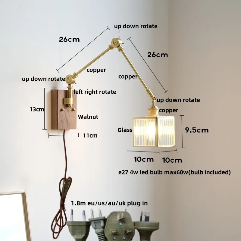 Cube Glass LED Wall Sconce Walnut Wood Rotatable Mirror Light