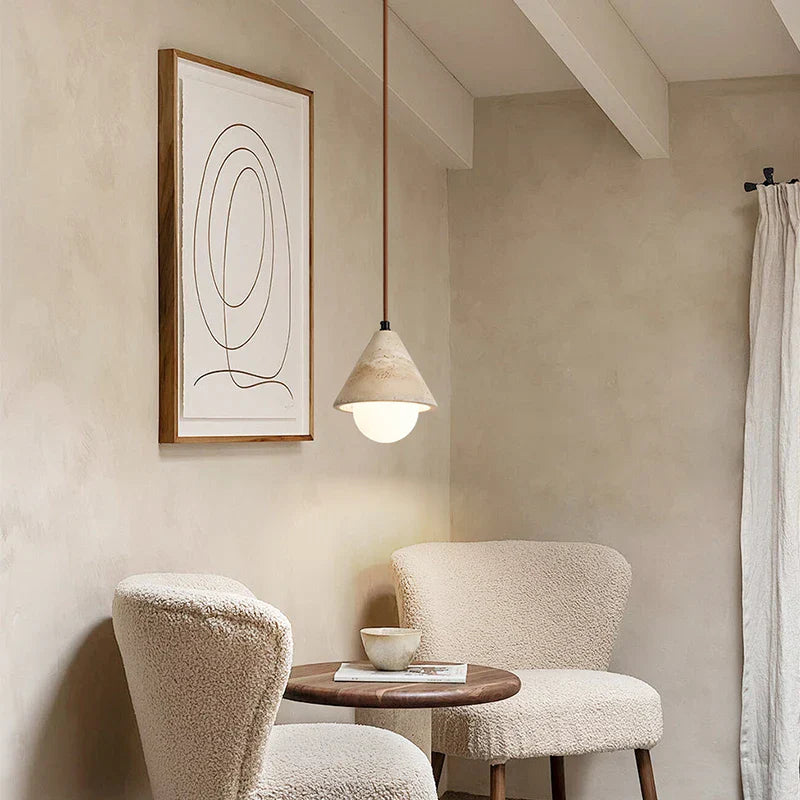 Wabi Sabi Yellow Travertine Conical Stone LED Pendant Lamp for Kitchen House