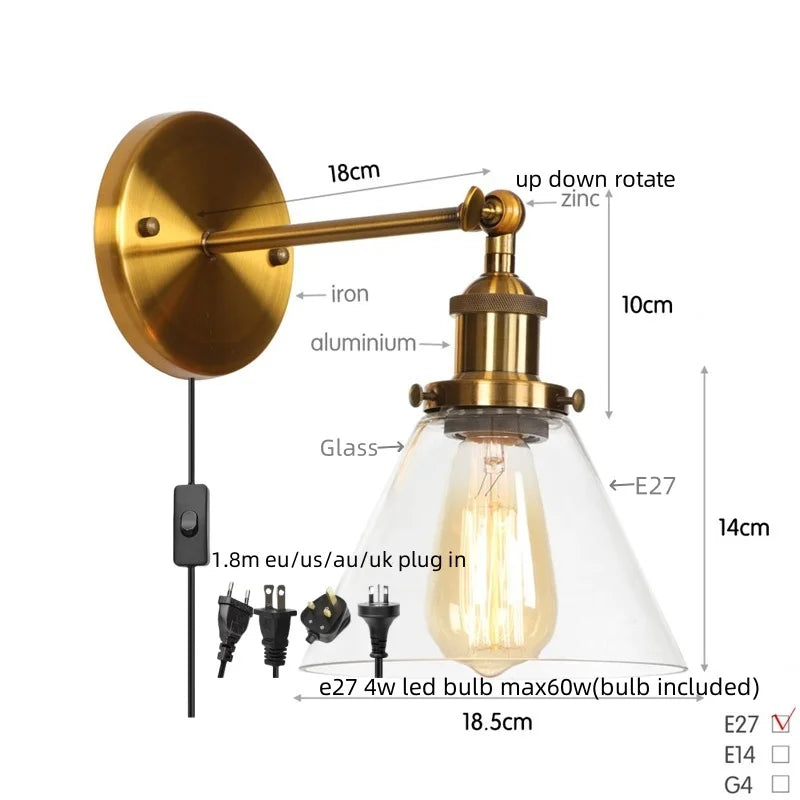 Loft LED Wall Lamp Vintage Pull Chain Switch Iron Bathroom Light