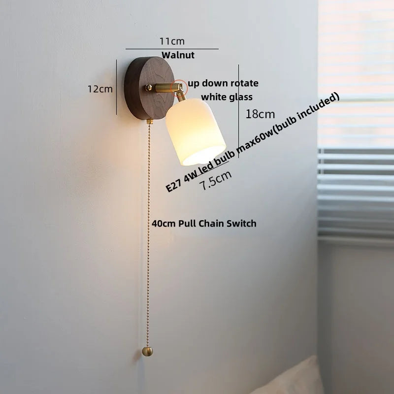 Walnut Wood LED Wall Lights Bedroom Copper Rotate Glass Pull Chain Switch