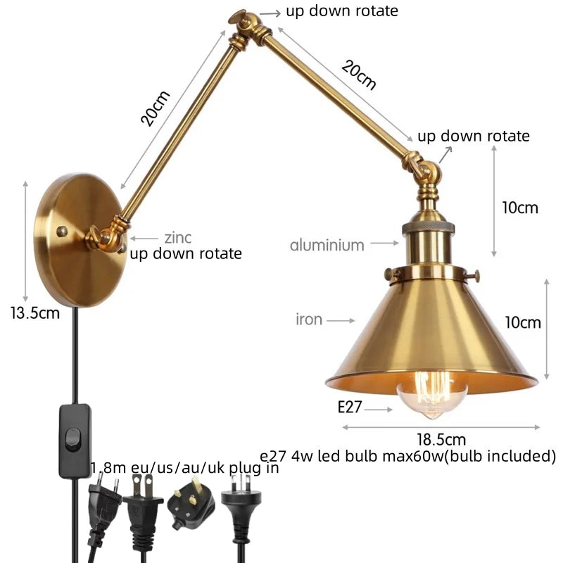 Gold Long Arm LED Wall Sconce with Pull Chain Switch, Adjustable Industrial Bedside Lamp
