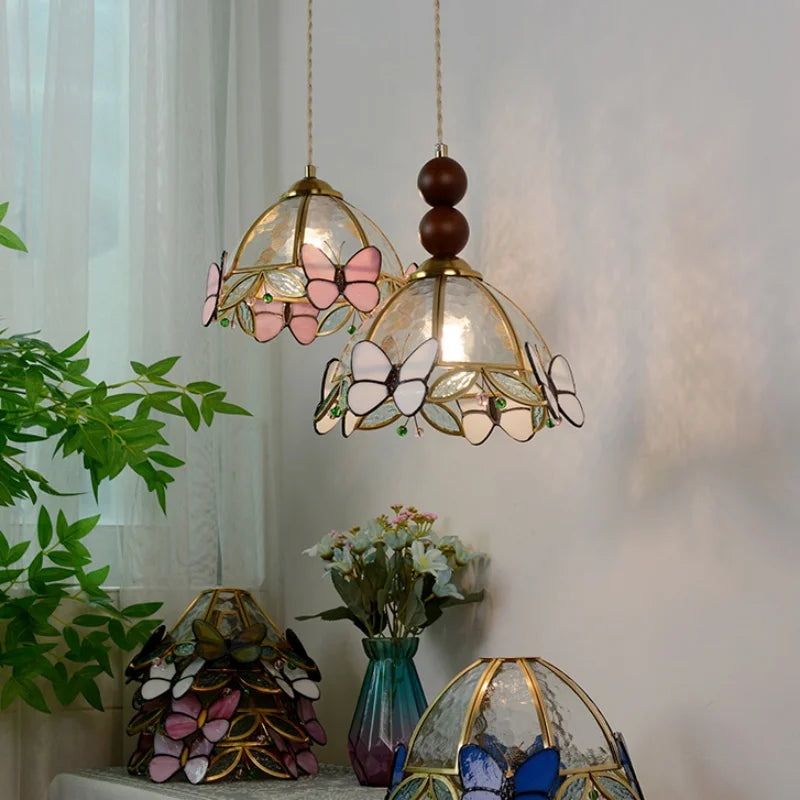 Clear Glass LED Pendant Light Tiffany Butterfly Hanging Lamp