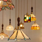 Tiffany Style Glass Copper LED Pendant Lights for Dining Room and Balcony