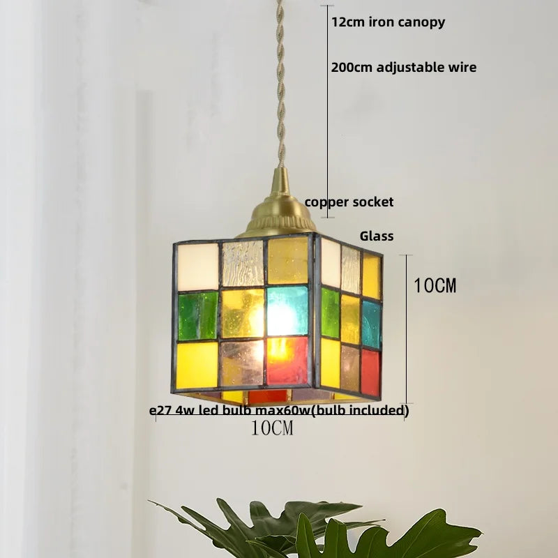 Colorful Glass Magic Cube LED Pendant Lights Tiffany Style Wood Hang Lamp