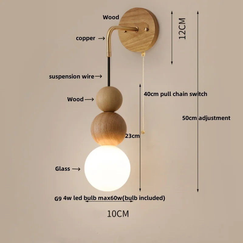 Glass and Wood Adjustable Wall Light for Living Room and Bedroom