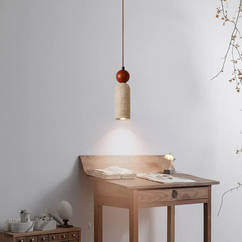 Stone LED Hanging Lamp Bedroom Living Room Lighting Yellow Travertine Wood Pendant