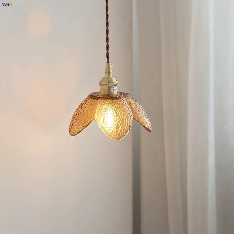 Amber Glass LED Pendant Light Fixture Nordic Modern Copper Hanging Lamp