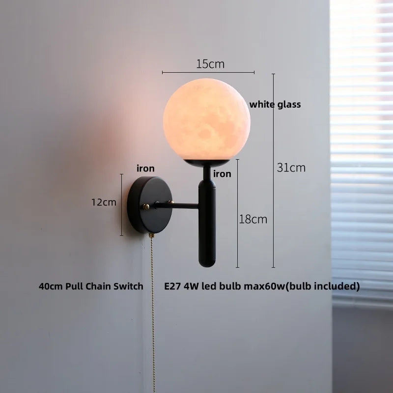 Modern Black Iron LED Wall Light with Pull Chain Switch & White Glass