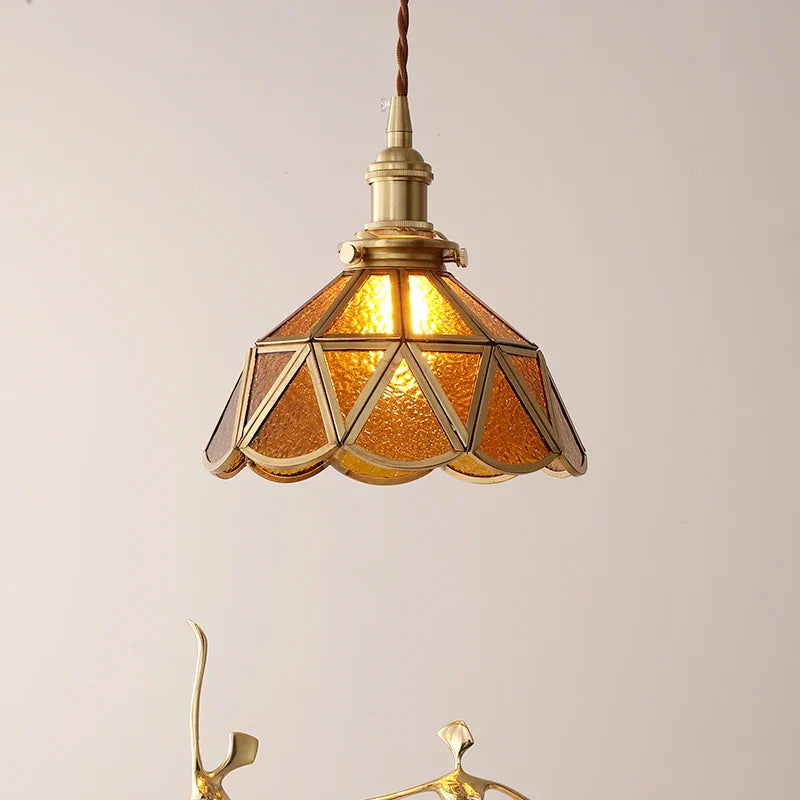 Amber Glass LED Pendant Light - Nordic Modern Copper Suspension Luminaire for Home