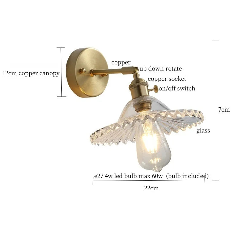 Clear Brass Glass LED Wall Lamp Pull Chain for Living Room Bedroom Loft
