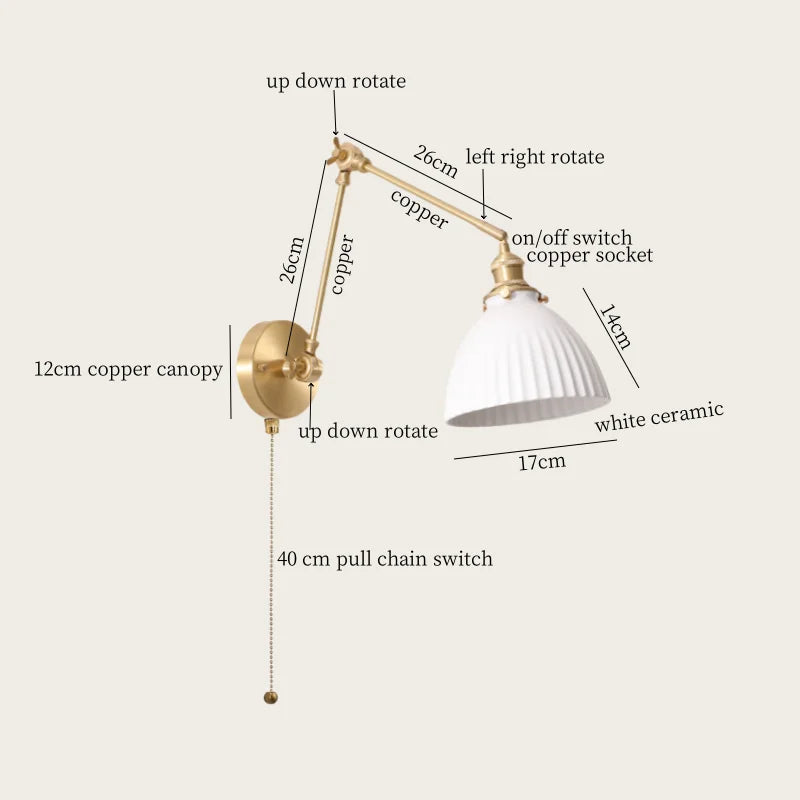 Ceramic LED Wall Lamp, Pull Chain Switch, Nordic Copper, Small Size