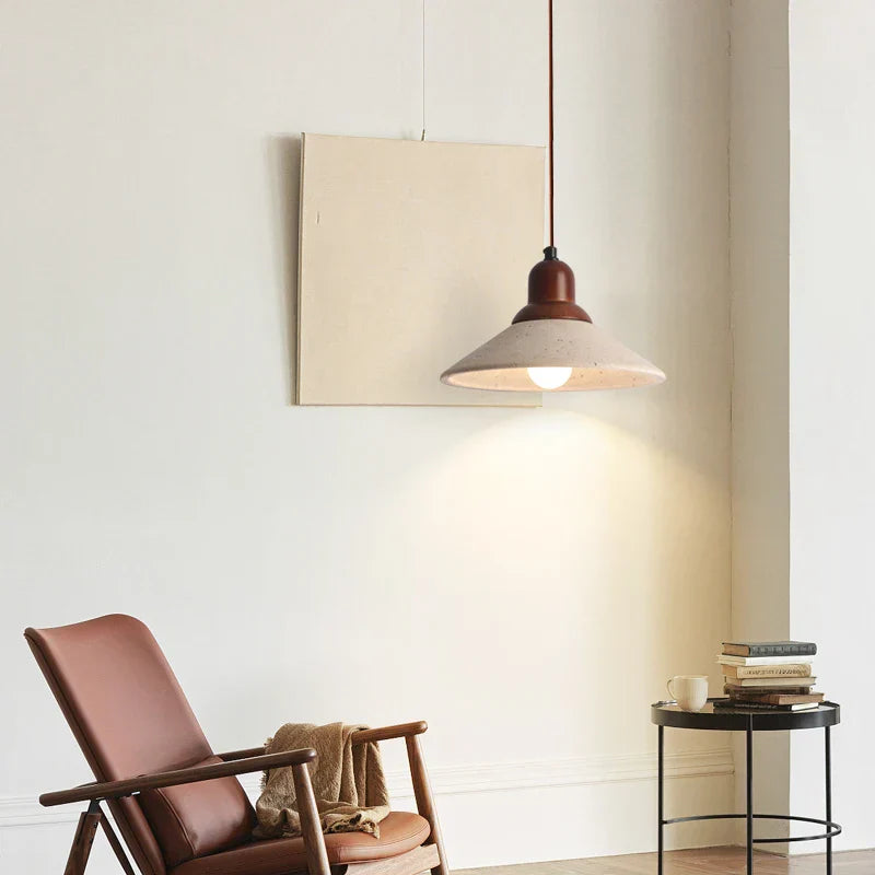 LED Wood Canopy Pendant Lights Yellow Travertine Stone Hanging Lamp