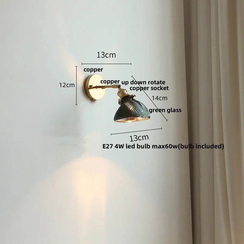 Green Glass LED Wall Sconce, Modern Nordic Rotate Copper Stair Light