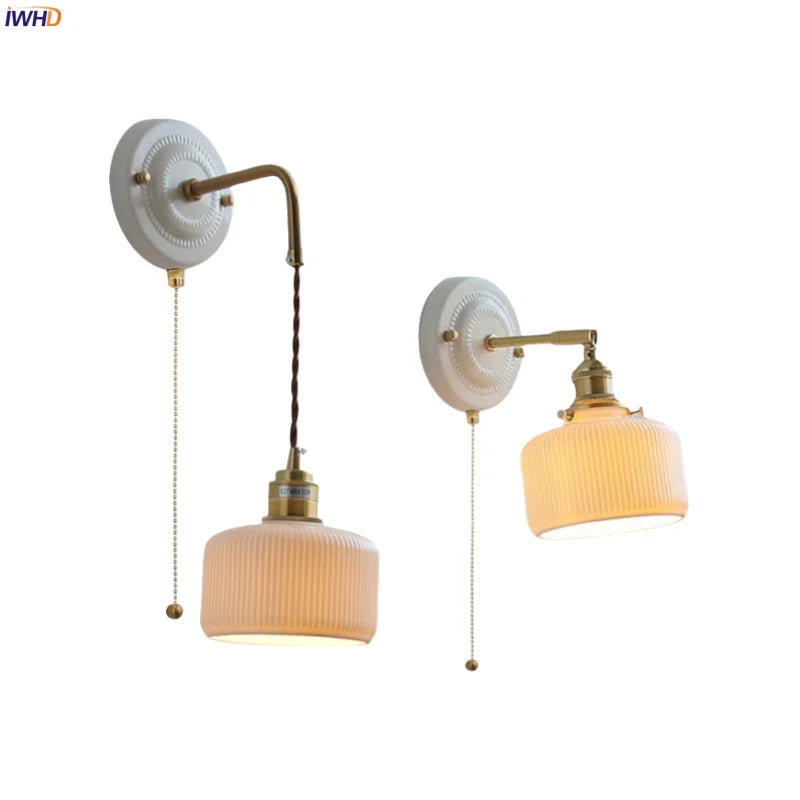 Afralia™ Copper Ceramic LED Wall Light with Pull Chain Switch for Living Room Decor.