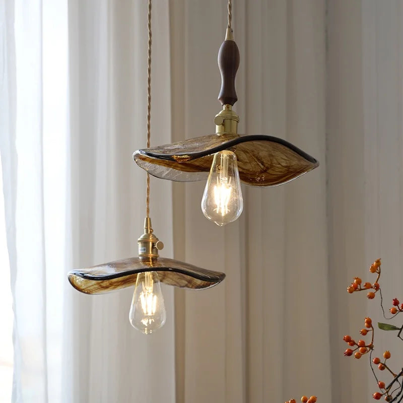 Brass Knob Switch LED Pendant Light, Nordic Amber Glass Hanging Lamp