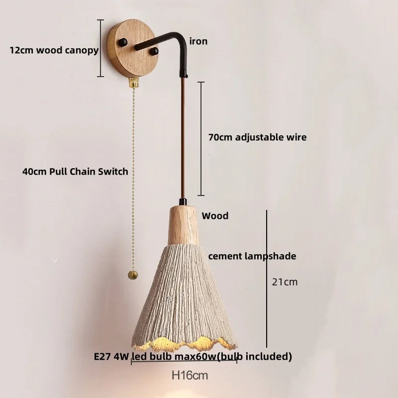 Afralia™ Nordic LED Wall Sconce Wood Cement Interior Home Decor Plug-In Bedside Light
