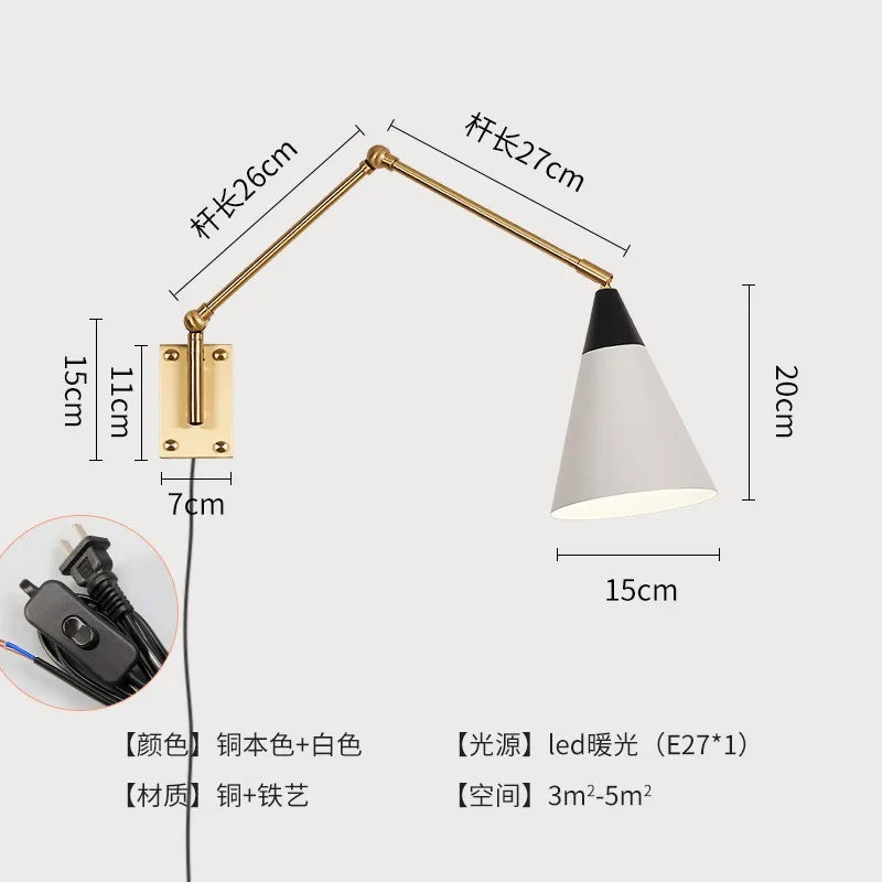 Gold Lustre Copper Swing Arm Wall Lamp LED E27 for Villa Bedroom Study