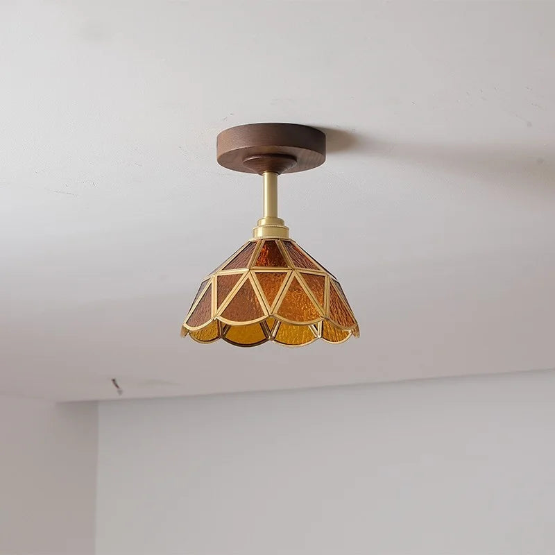 Amber Glass LED Ceiling Light Modern Wood Canopy Kids Room Fixture