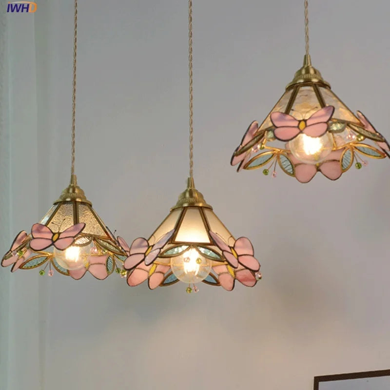Nordic Pink Glass LED Pendant Light with Adjustable Brass Wire