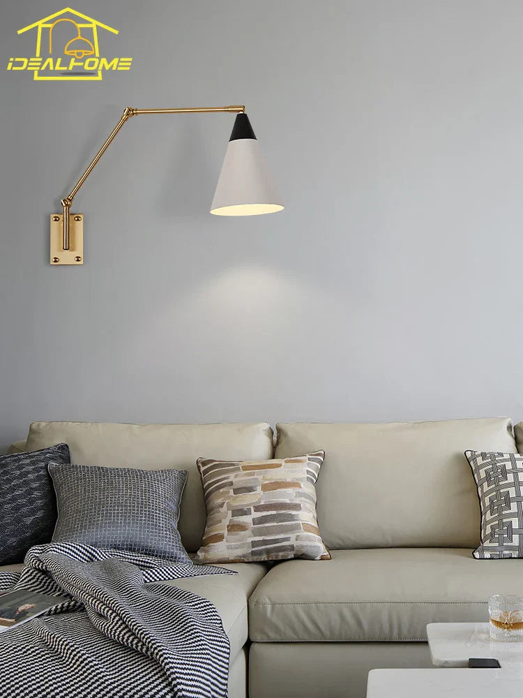 Gold Lustre Copper Swing Arm Wall Lamp LED E27 for Villa Bedroom Study