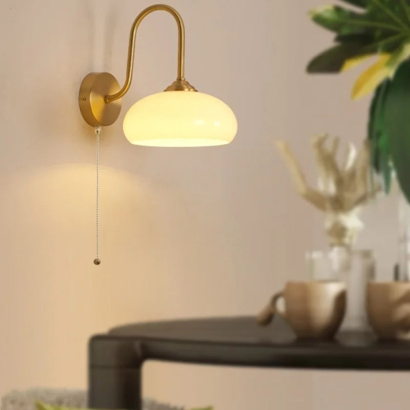 Glass LED Wall Sconce Pull Chain Switch Copper Nordic Stair Light