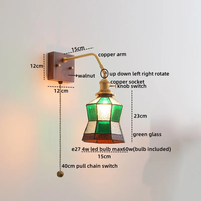 Walnut Copper LED Wall Lights Fixture with Pull Chain Switch - Modern Bedside Lamp