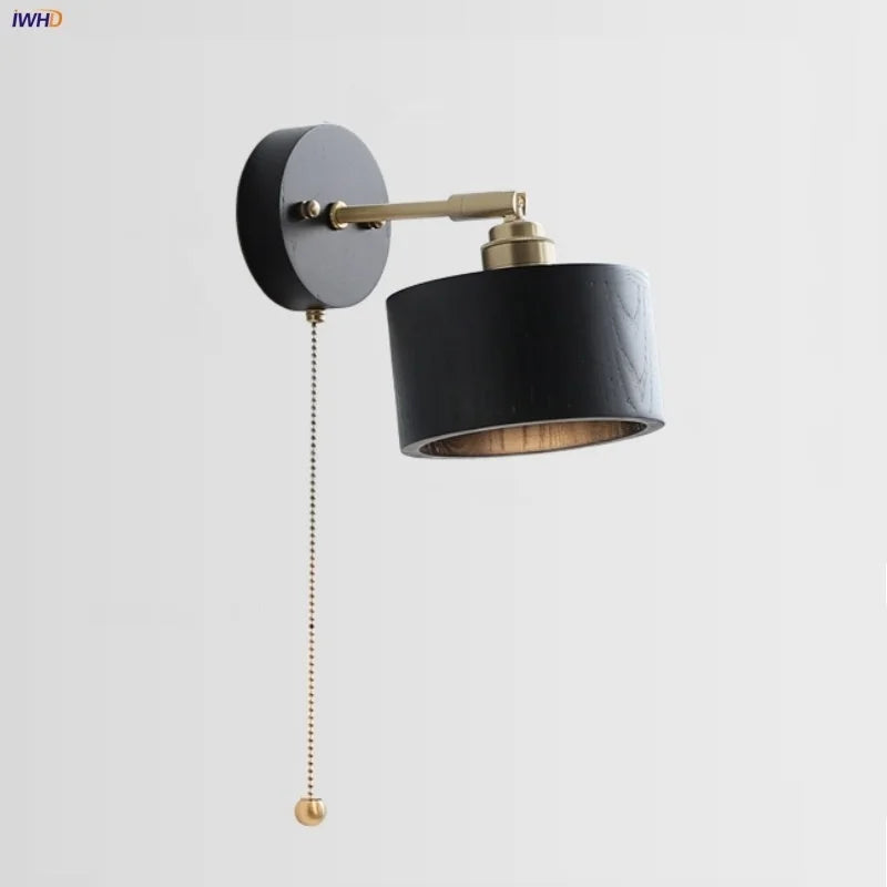 Black Wood LED Wall Light with Pull Chain Switch, Rotating Japanese Style Bedside Lamp