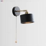 Black Wood LED Wall Light with Pull Chain Switch, Rotating Japanese Style Bedside Lamp