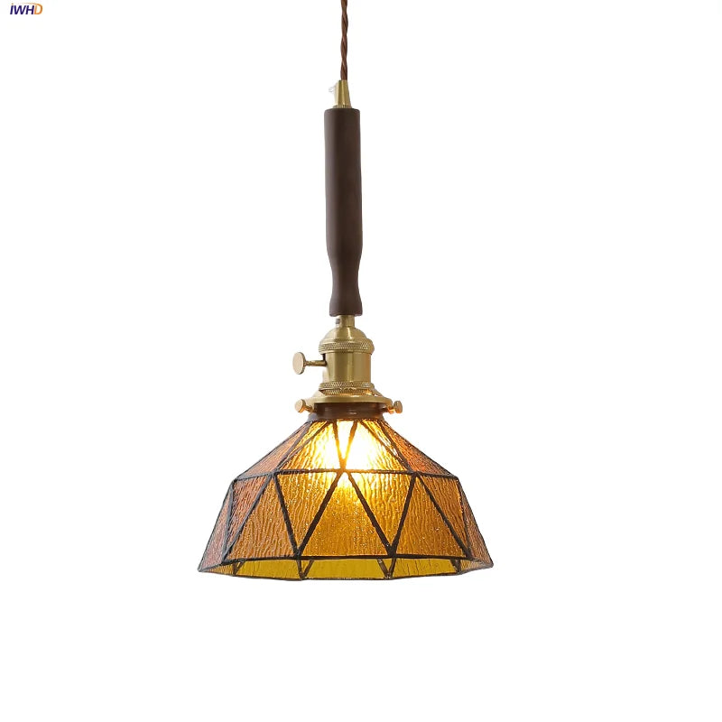 LED Adjustable Pendant Light Fixture Amber Glass Walnut Wood Bar Hanging Lamp