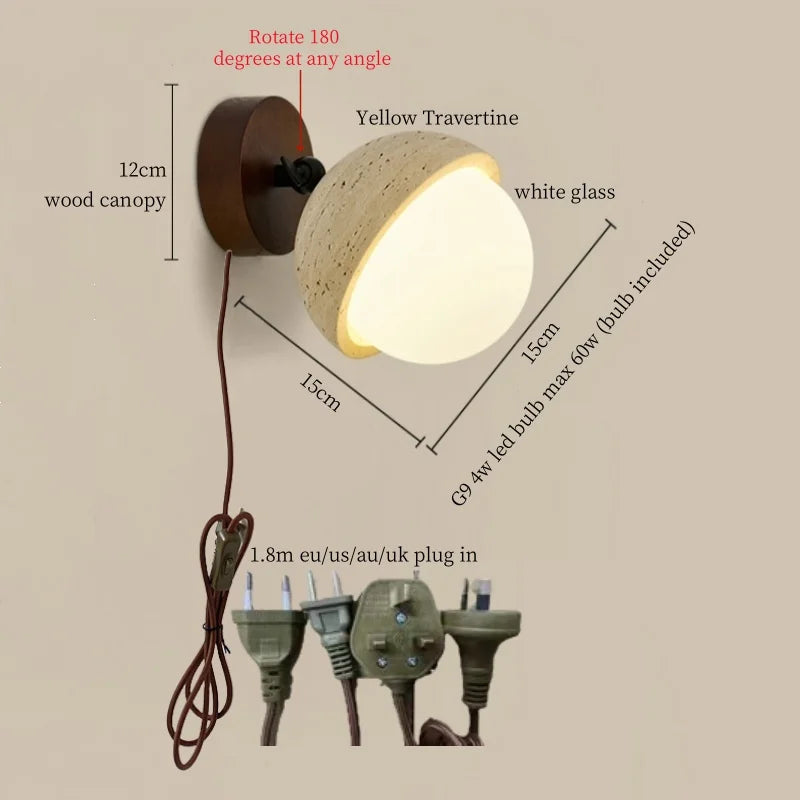 White Glass LED Wall Lamps Pull Chain Yellow Travertine Modern Bathroom Light