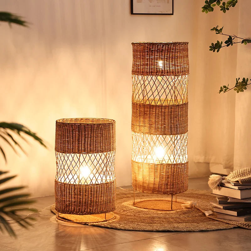 Hand-woven Rattan Floor Lamp: Retro Style for Living Room, Bedroom, Office, Hotel