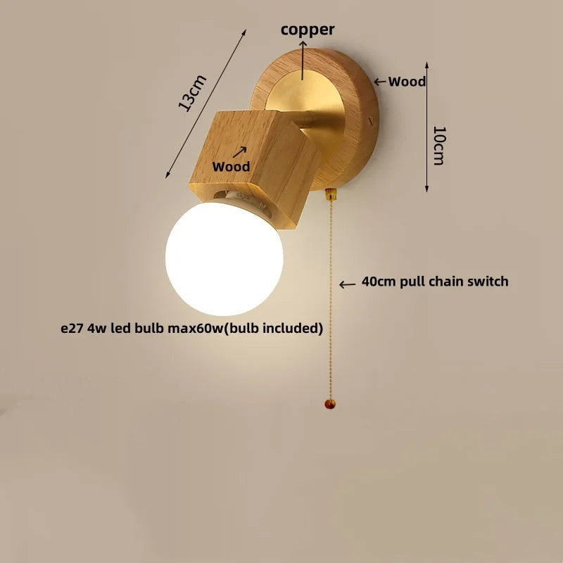 Modern Copper Wood LED Wall Lights with Pull Chain Switch for Bedroom Vanity.