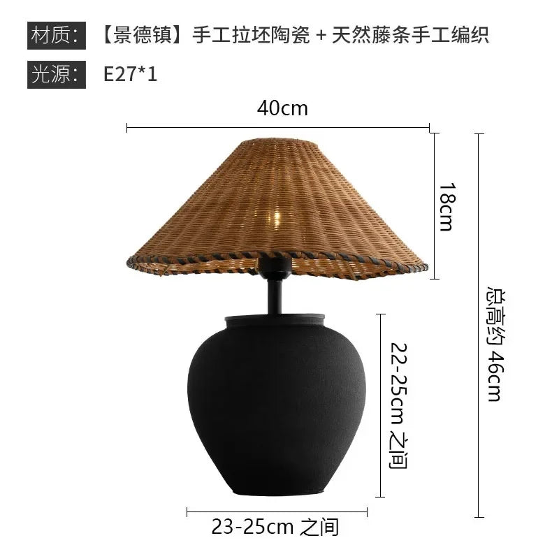 Wabi-sabi Ceramic Rattan Weave Table Lamp LED E27 for Living Room Bedroom Hotel