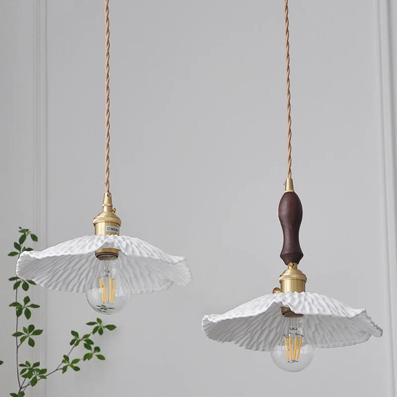 Walnut Wood LED Pendant Light with White Ceramic Knob Switch