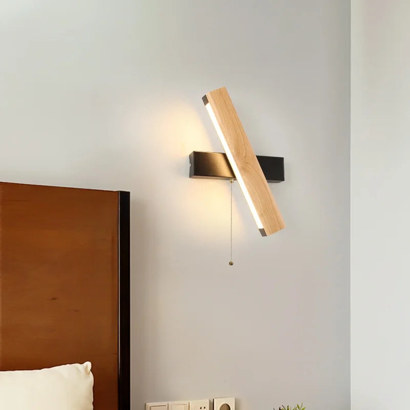Rotatable Nordic LED Wall Sconce Pull Chain Switch Wood Stair Light