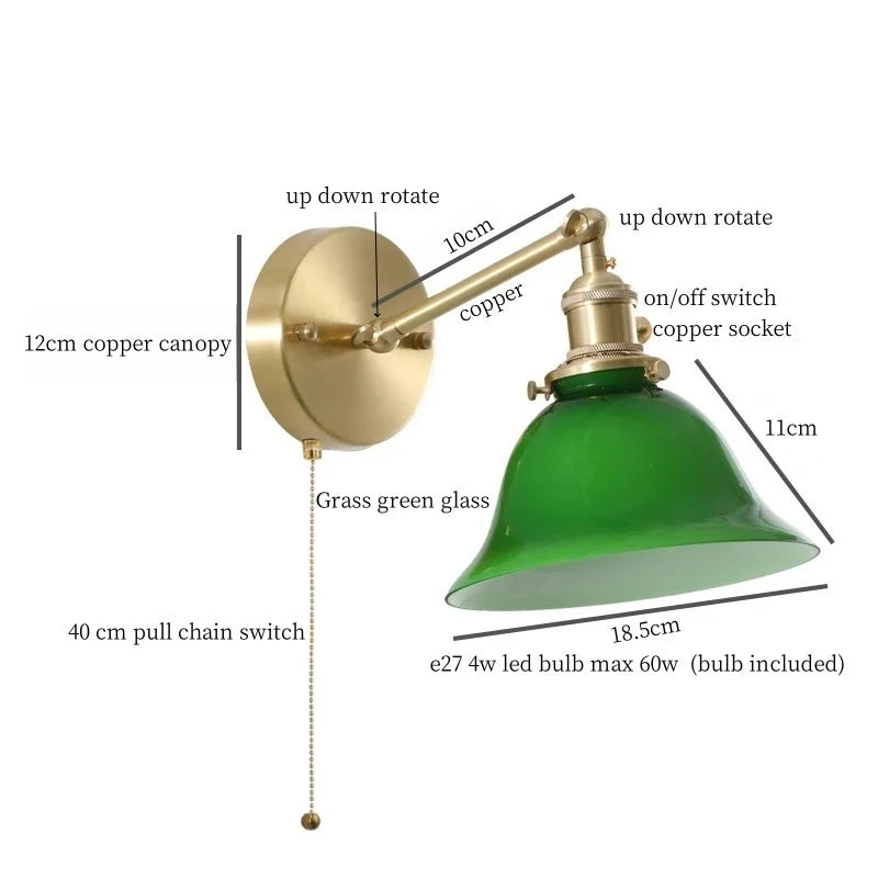 Green Glass LED Wall Sconce, Pull Chain Switch, for Bedside, Bathroom, Living Room
