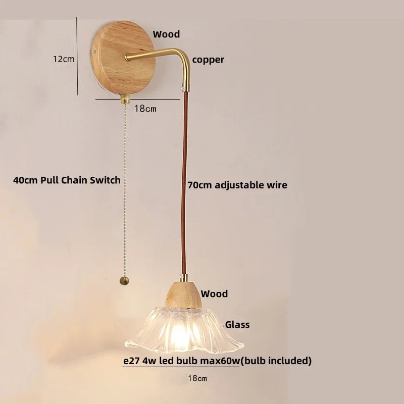 Clear Glass LED Wall Lights with Wood Pull Chain Switch, Modern Art Bedside Lamp