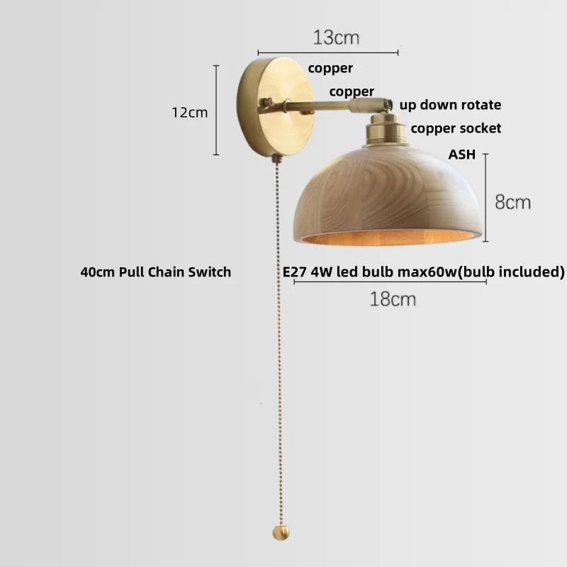 Copper Socket LED Wall Lights Pull Chain Switch Nordic Modern Rotate Bedside Lamp
