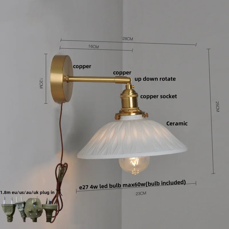 Nordic LED Wall Light Fixture Pull Chain Switch Brass Bedside Lamp