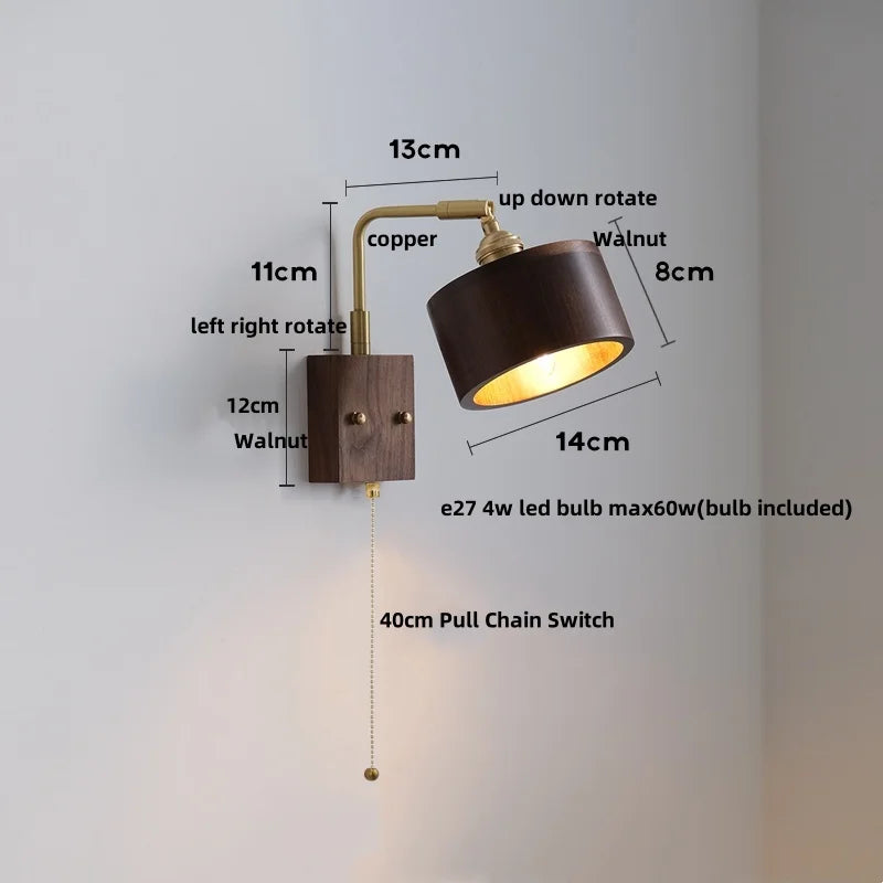 Walnut Wood LED Wall Lamp Sconce with Pull Chain Switch Rotation Mirror Light