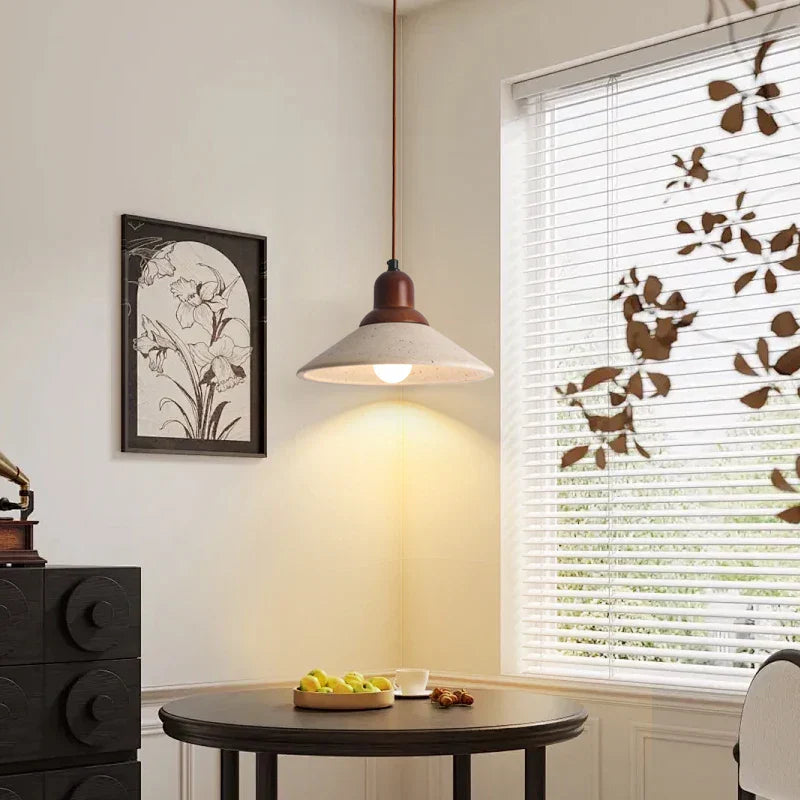 LED Wood Canopy Pendant Lights Yellow Travertine Stone Hanging Lamp