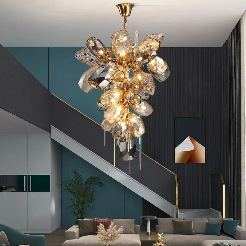 Afralia™ Gold Steel LED Pendant Lights with Cognac/Gray Glass Shades