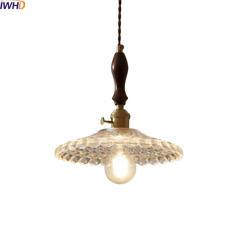 Copper Glass Pendant Light Fixture with Wood Handle & LED Bulb