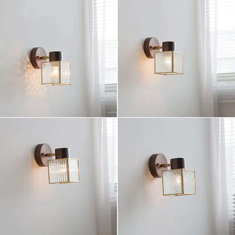 Clear Glass LED Wall Sconce Walnut Wood Bedroom Living Room Modern Fixture