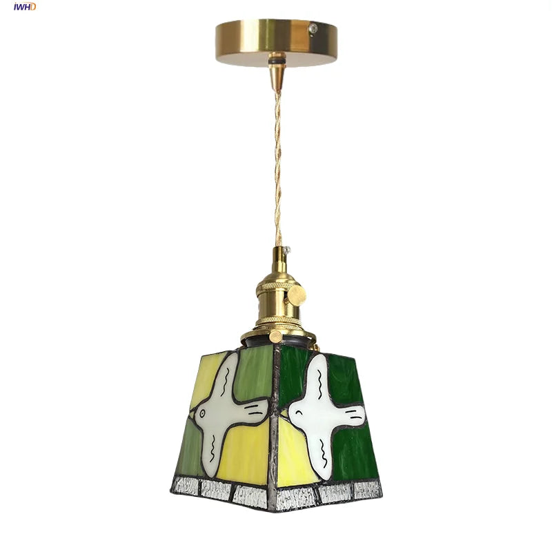 Peace Dove Tiffany Style LED Pendant Lamp - Colorful Glass, Copper Knob Switch