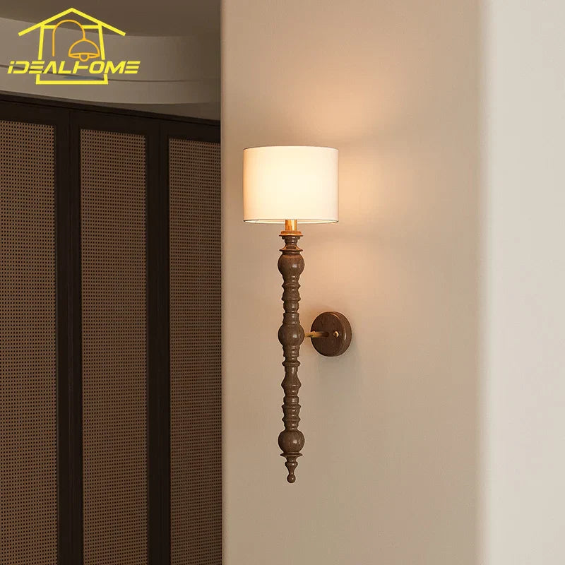 Wall Lamp LED E27 Solid Walnut/Black Wood Medieval Design